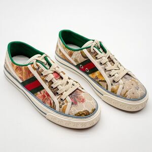 Gucci Tennis 1977 Low Top Sneakers Beige GG Supreme Water Flora EU 37.5 US 7.5